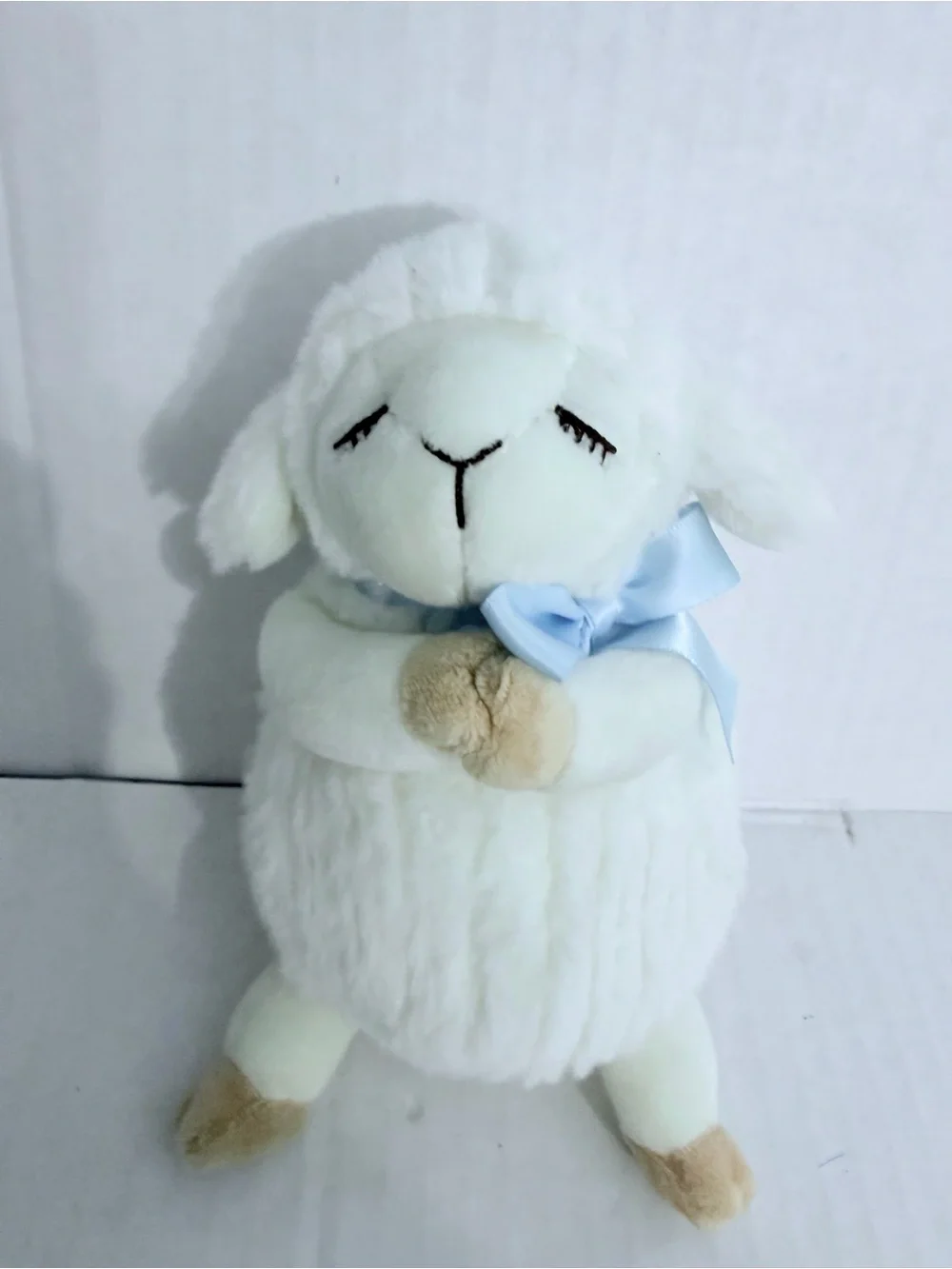 Swan Fay Praying Hands Plush White Lamb with Light Blue Bow